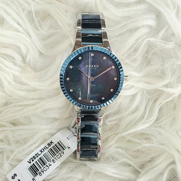 NWT Obaku Ladies Watch - Beautiful Teal/Sapphire Blue - Rhinestone Accents-